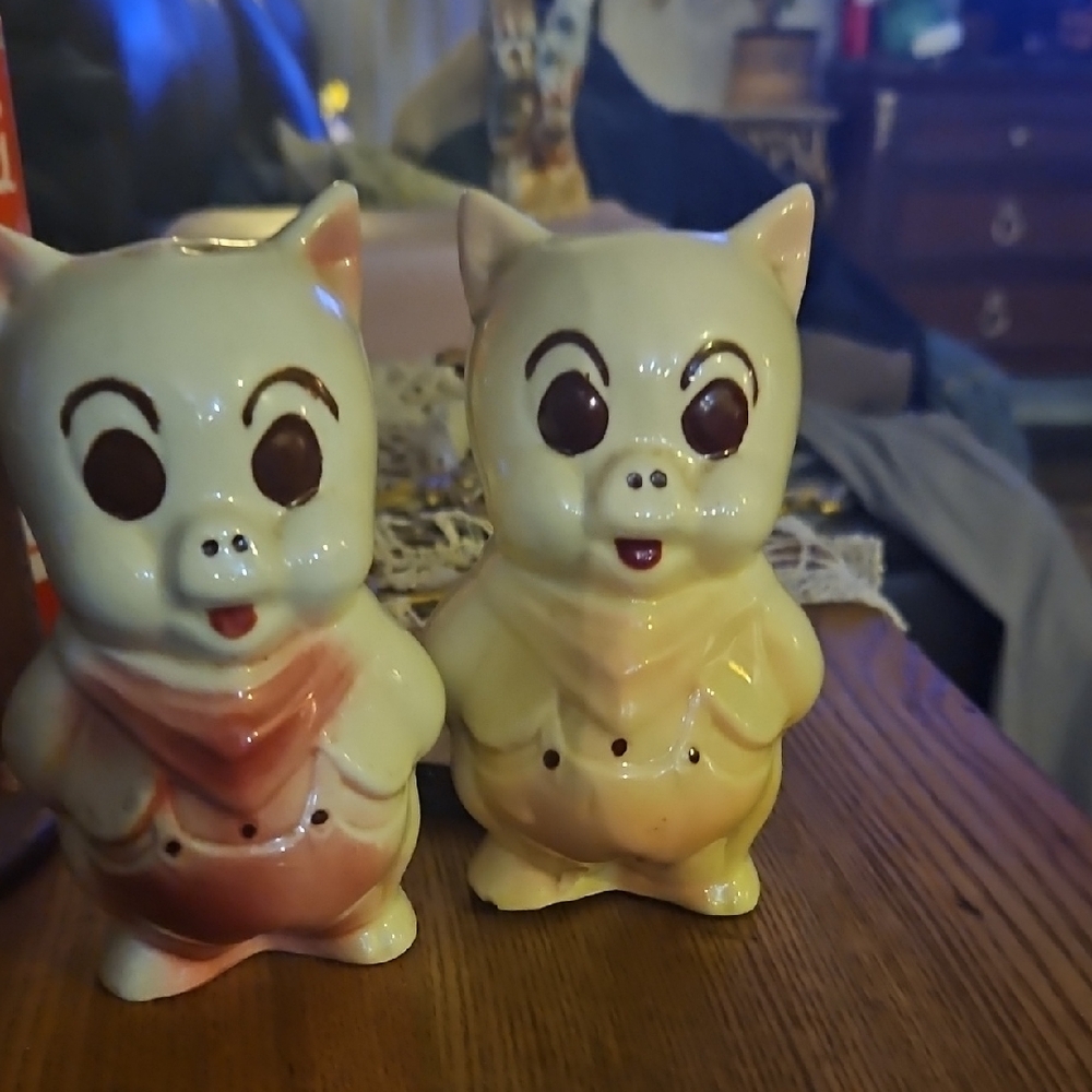 Pig Shaped Ceramic Salt and Pepper Shakers - Cream and Brown